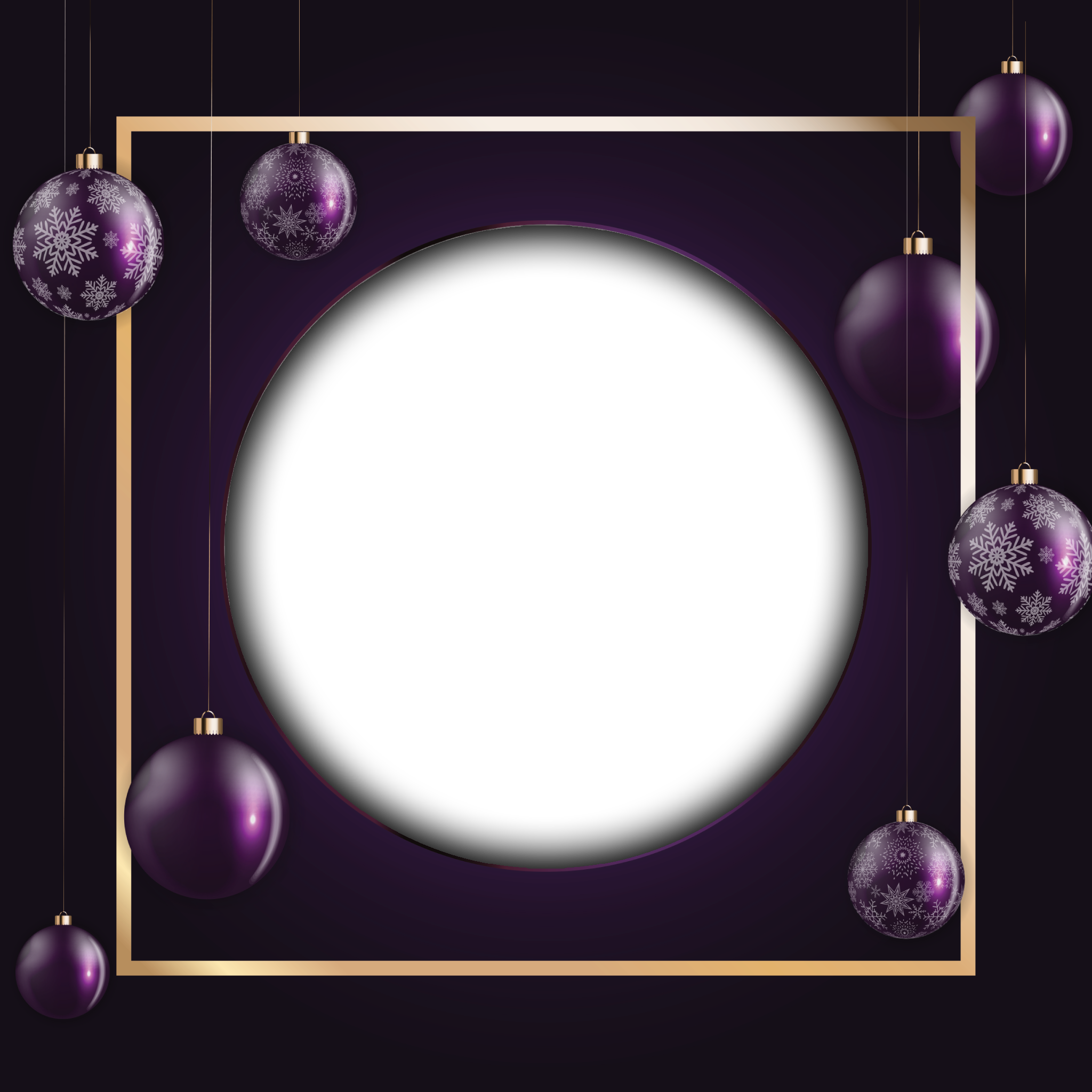 Golden frame and purple christmas balls